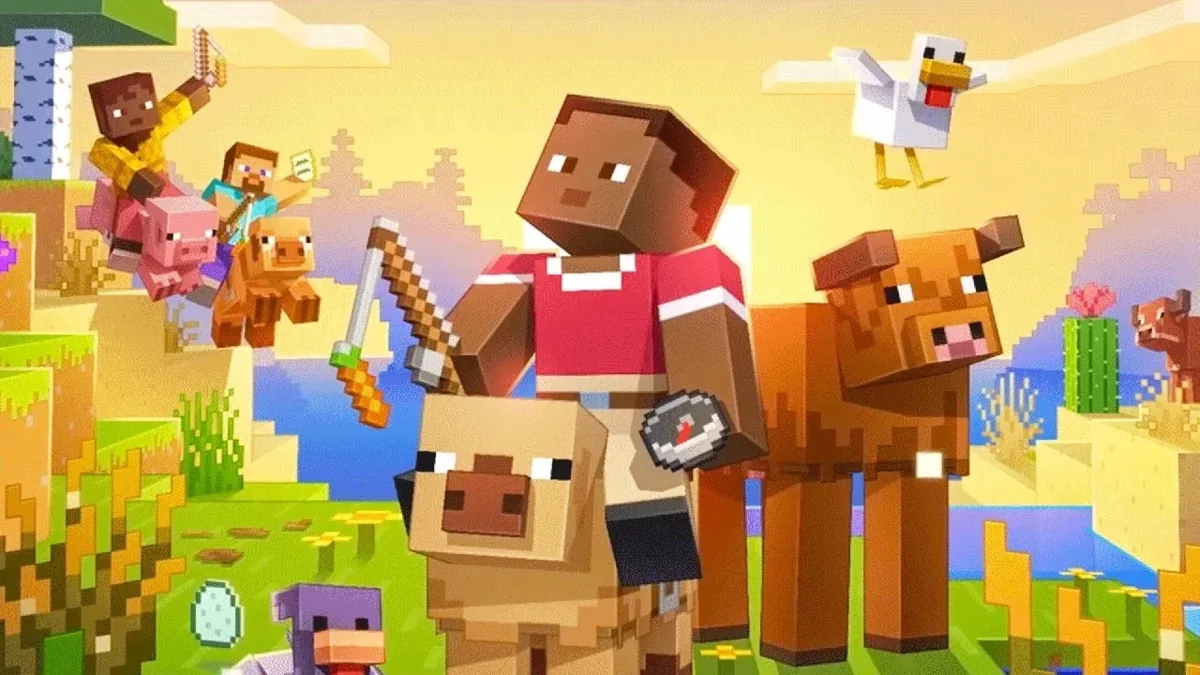 Minecraft 玩家骑马携带指南针穿越沙漠与草地的冒险场景