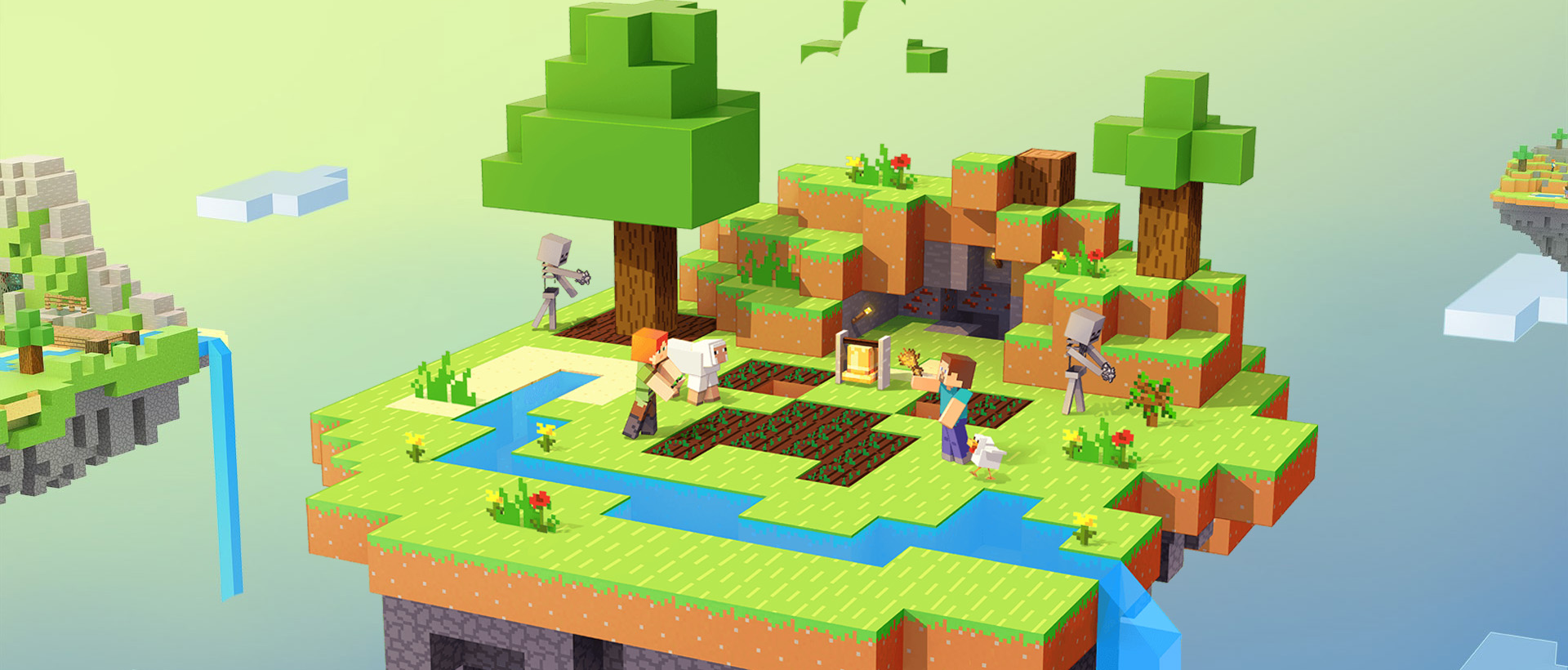 Minecraft 空岛农田与玩家种植作物的创造模式场景