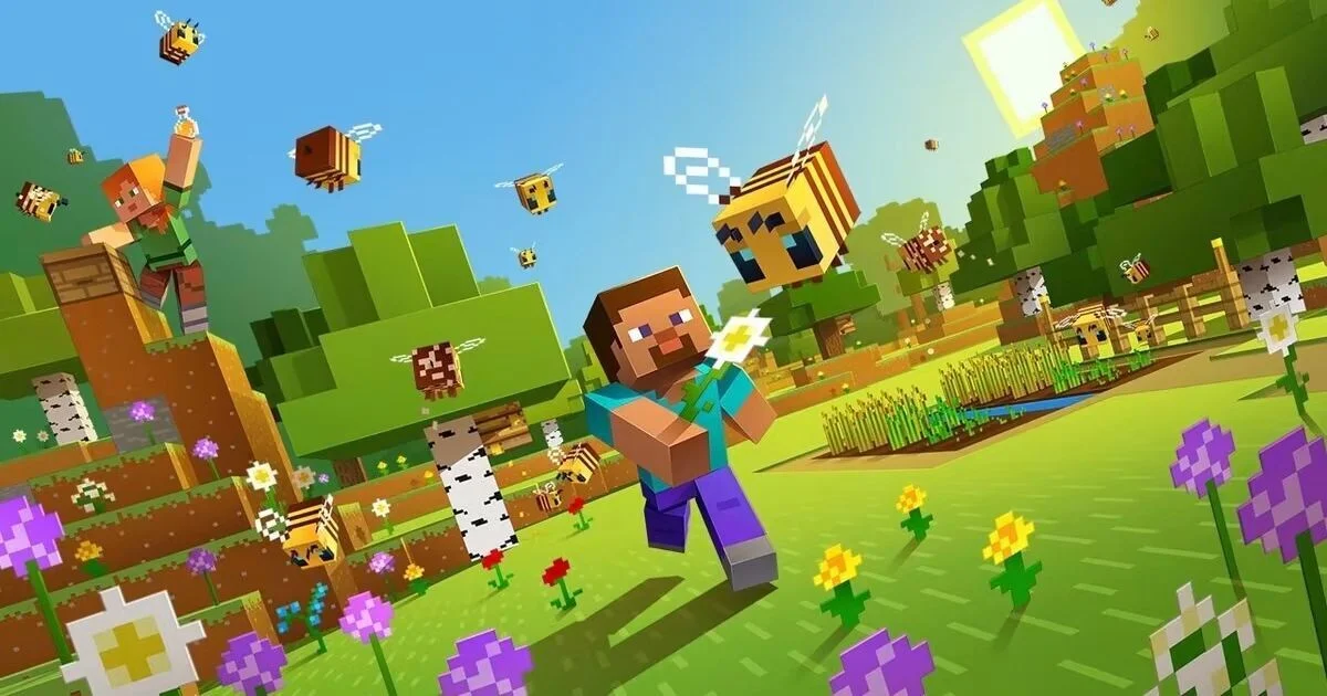 Minecraft 玩家在蜂群与花田旁探索并经营农场的阳光场景