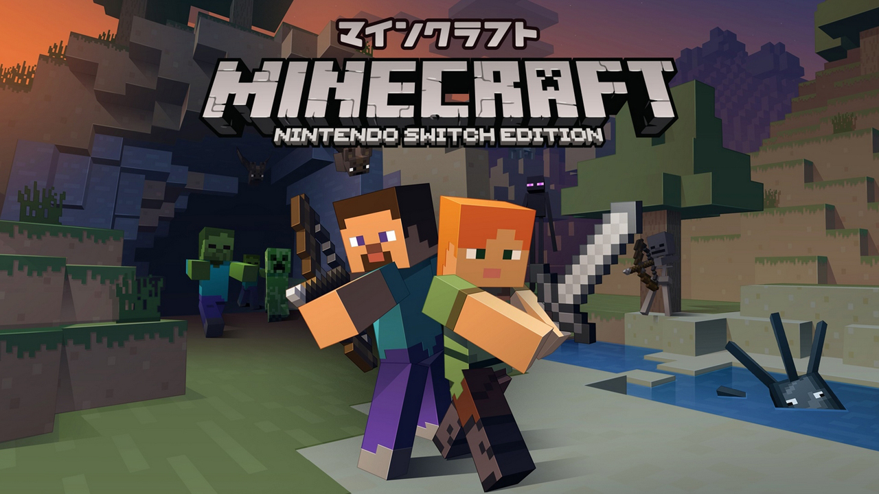 Minecraft Nintendo Switch Edition 中史蒂夫和艾莉克斯对抗夜间怪物的画面